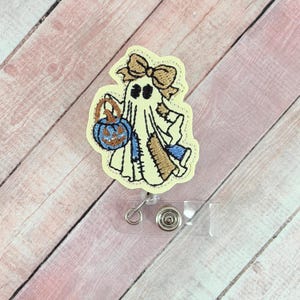 Vintage Patchwork Ghost Badge Reel, Halloween ID Badge Holder, Nurse Badge Clip, Retractable Badge Pull, Medical Lanyard, Interchangeable