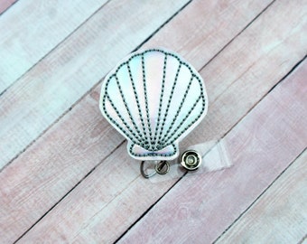 Holographic Seashell Badge Reel, Summer Badge Reel, Retractable ID Nurse Badge, Gifts for Nurses, Teacher Lanyard, ID Holder, Badge Clip