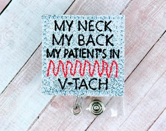 Funny Cardiology Badge Reel, V Tach EKG Badge Holder, Cath Lab Badge Clip, Telemetry Nurse, Monitor Tech Cardiology Lanyard