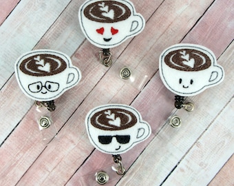 Coffee Cups Badge Reel - Coffee Cups - Feltie Badge Reel - Cute Badge Clip - Retractable ID Badge Holder - Badge Pull.