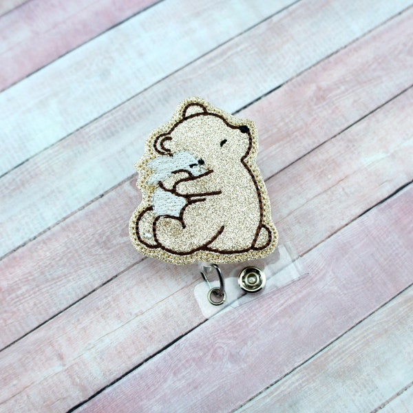 Teddy Bear Holding Bunny Badge Reel - Glitter Badge - Nurse Gifts - Swivel Clip Badge - Badge Pull - Badge Holder - Lanyard -  Badge Reel