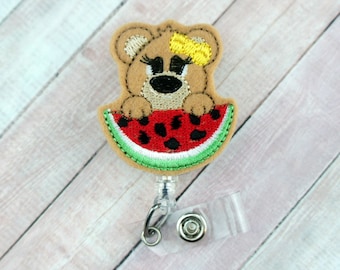 Watermelon Teddy Bear Badge Reel- Bear Badge - Nurse Badge Reel - Felt Badge Reel - Retractable ID Badge Holder - Badge Pull - Badge Holder