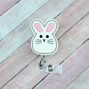 Marshmallow Bunny-badgehaspel - glitterbadge - verpleegkundige geschenken - draaibare clipbadge - badgehouder - draagkoord - badgehaspel - badgehaspel Pasen