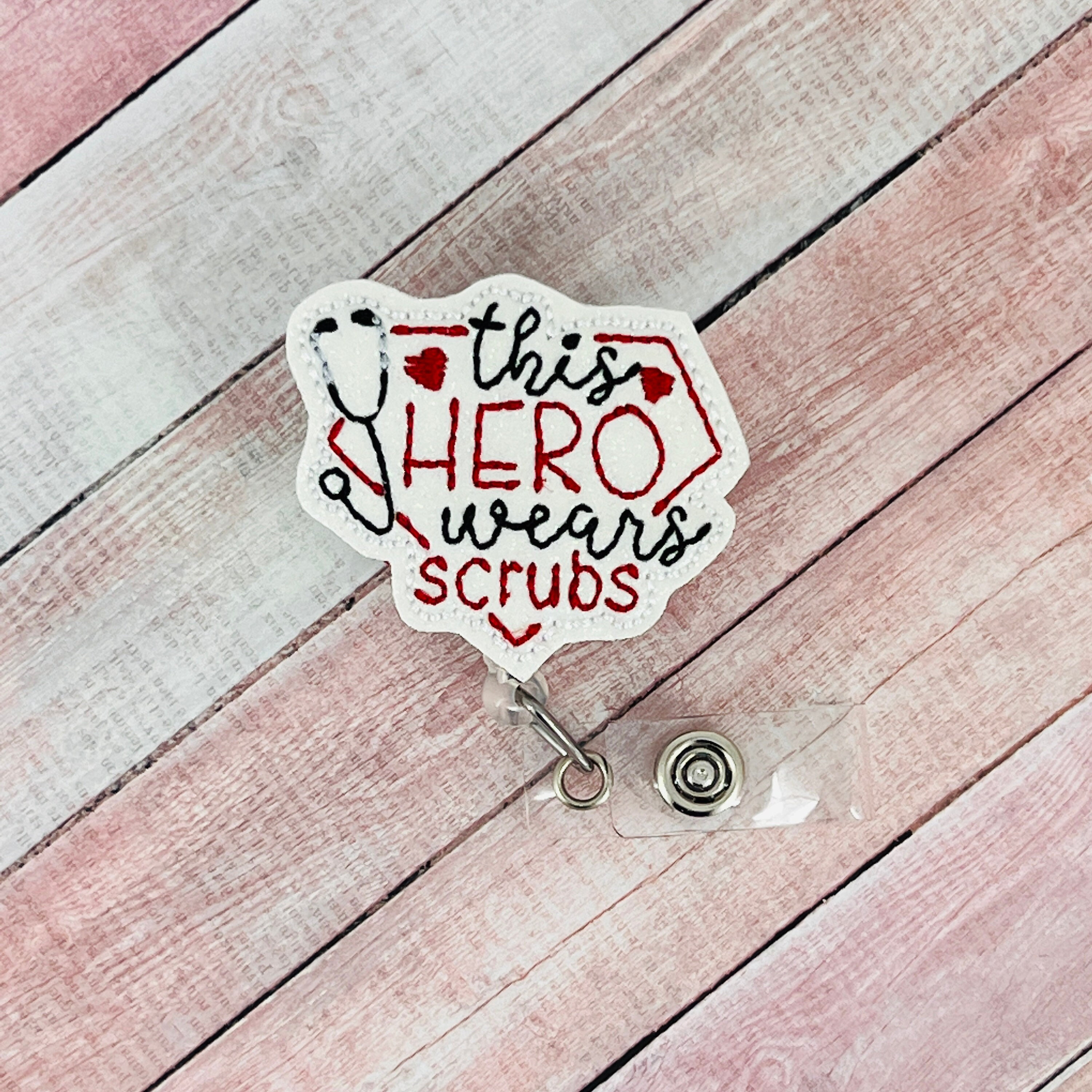 This Hero Wears Scrubs Badge Reel, Coworker Gifts, Nurse ID Badge ...