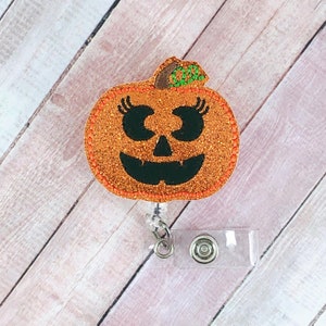 Girly Pumpkin Badge Reel, Fall Badge Reel, Retractable ID Badge Holder, Halloween ID Badge, Gifts for Nurses, Name Badge, Nurse Badge Reel