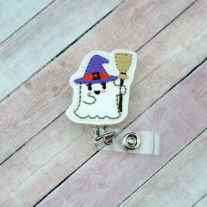 Porta credencial de bruja fantasma - Porta credencial de otoño - Porta credencial de Halloween - Porta credencial - Porta credencial con brillantina - Porta credencial de identificación retráctil - Porta credencial con tirador