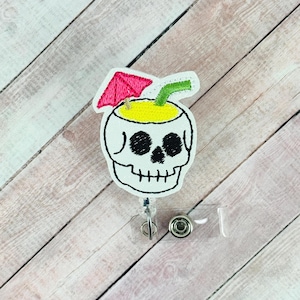 Summerween Skull Drink Badge Reel, Nurse ID Badge Holder, Medical Badge Clip, Halloween Badge Reel, Nurse Gift, Retractable ID Badge Holder