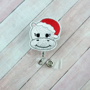 Bobine d&#39;insigne Hippo Santa, insigne de Noël, porte-badge d&#39;identification rétractable, tirette d&#39;insigne, lanière de Noël, cadeau RN, bobine d&#39;insigne d&#39;infirmière, bobine d&#39;identification