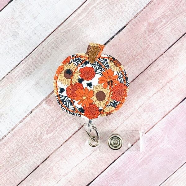 Pumpkin Badge,  Flower Badge Holder, Fall Badge, Halloween ID Badge, Fall Lanyard, Nurse Gifts, Spider Badge Reel, Sunflower Badge Reel