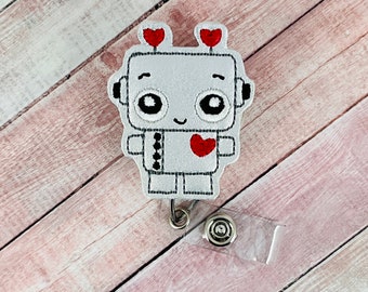 Robot Badge Reel, Cute Badge Holder, Valentine's Day Badge Clip, Badge Reel, Name Badge Holder, Retractable ID Badge Holder, Nurse Gift