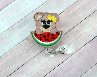 Watermelon Teddy Bear Badge Reel- Bear Badge - Nurse Badge Reel - Felt Badge Reel - Retractable ID Badge Holder - Badge Pull - Badge Holder