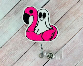 Porta credencial de flamenco flotante con forma de fantasma, porta credencial de otoño, clip para credencial de Halloween, Badge Buddy, porta credencial de identificación retráctil, tirador de credencial