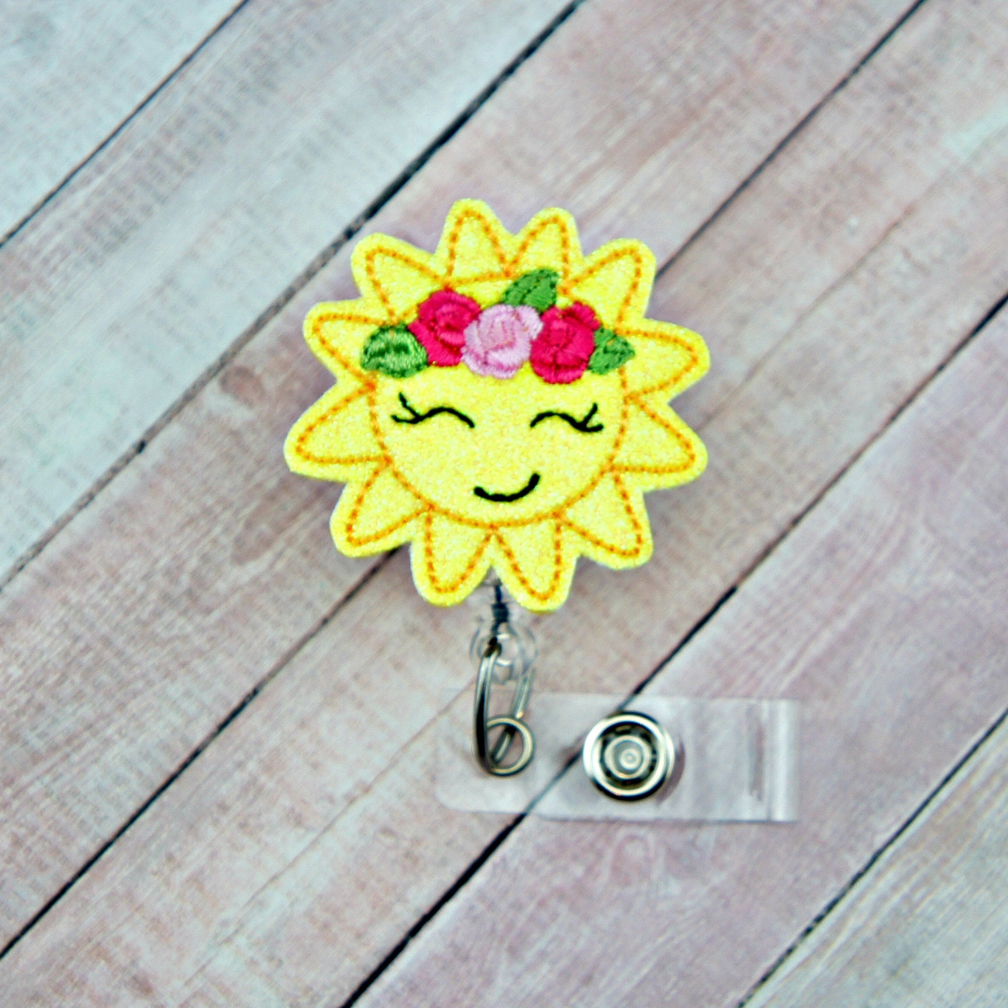 Floral Sun Badge Reel, Summer Retractable Id Holder, Pull, Lanyard