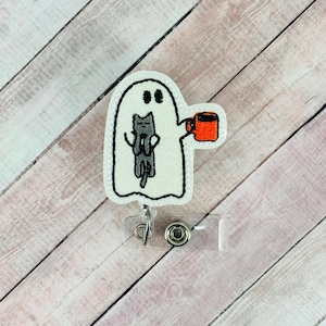 Ghost Coffee Kitty Badge Reel, Halloween ID Badge Holder, Nurse Badge Clip, Retractable Badge, Teacher Lanyard, Coworker Gift