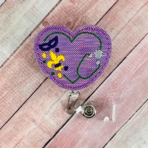 Mardi Gras Nurse Stethoscope Badge Reel, Mardi Gras Nurse Gift, Badge Buddy, Cute Badge Reel, Heart Badge Reel, Pediatric Nurse Badge