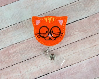 Cat Badge Reel - Orange Geeky Cat - Badge Reel - Feltie Badge Reel- Retractable ID Badge Holder - Badge Pull