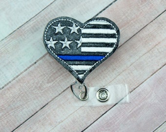 Thin Blue Line Badge Reel, Police Badge Reel, Flag Badge Reel, Retractable Badge, Gift for Police, First Responder Gift, Police Wife Gift