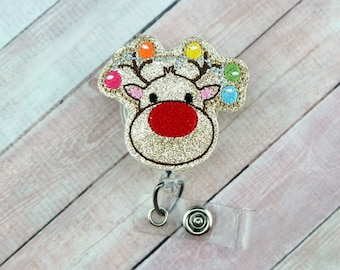 Glittery Lighted Deer Badge Reel - Christmas Badge Reel  - Badge Reel - Badge Holder - Retractable ID Badge Holder - Badge Pull