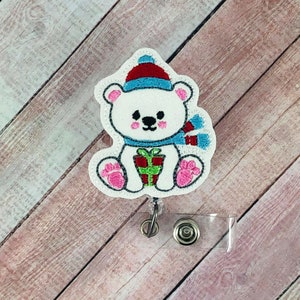 Christmas Polar Bear Badge Reel, Christmas Badge Reel, Nurse ID Badge, Retractable Lanyard, Nurse Gift, Teacher Gift, Winter Badge Reel