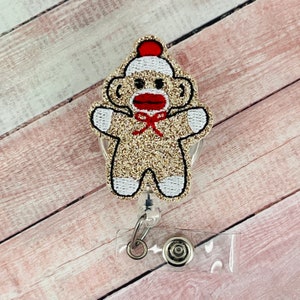 Sock Monkey Badge Reel, Krankenschwester Geschenk, Affe Ausweishalter, Affe Schlüsselband, Lehrer Geschenk, Krankenschwester Ausweishalter, einziehbares Schild, Ausweisclip