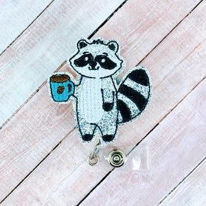 Raccoon Coffee Badge Reel, Nurse ID Badge Holder, MRI Safe Badge Buddy, Teacher Lanyard, Fall Badge Clip, Nurse Gift, Coworker Gift