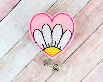 Daisy Heart Badge Reel, Spring Flower Badge Reel, Nurse Badge Reel, Retractable ID Badge Holder, Badge Buddy, Teacher Lanyard, Badge Clip