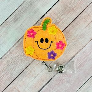 Flower Pumpkin Badge Reel, Fall ID Badge Holder, Nurse Badge Clip, Retractable Badge Pull, Halloween Badge, Coworker Gifts