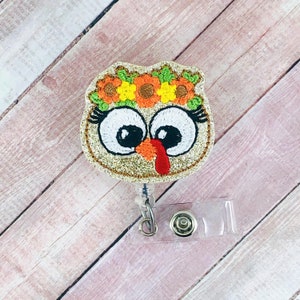 Floral Turkey Badge Reel, Thanksgiving Badge Reel, Badge Reel, Turkey Badge Holder, Retractable ID Badge Holder,  Lanyard, Fall Badge Reel