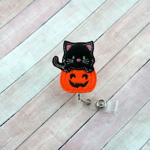 Cat on Pumpkin Badge Reel - Halloween Badge Holder - Pumpkin Badge - Badge Reel - Badge Holder - Retractable ID Badge Holder - Badge Pull