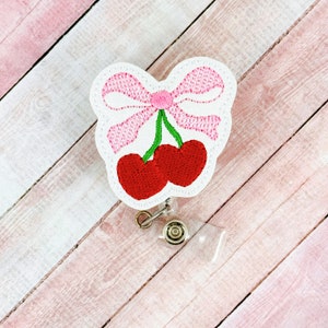 Coquette Cherries Badge Reel, Nurse Badge Holder, Pink Bow Badge Reel, Girly Bow Badge Reel, Retractable ID Badge Reel, Badge Reel Topper