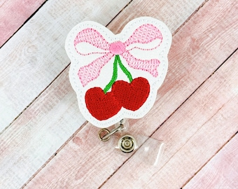 Coquette Cherrys Badge Reel, Krankenschwester Ausweishalter, Pink Bow Badge Reel, Girly Bow Badge Reel, einziehbare ID Badge Reel, Badge Reel Topper