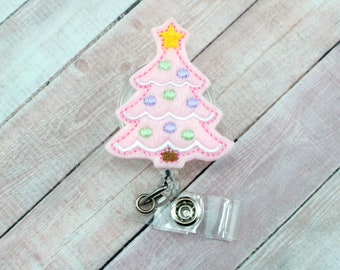 Pink Christmas Tree Badge Reel - Christmas Badge - Badge Holder - Badge Reel - Retractable Badge - Badge Pull - Christmas Badge - Lanyard