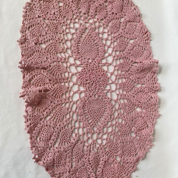 Crochet Lace Set of 2 Vintage Doily Pink Sparkle - 15" Square & 21" Oval - Shabby Cottage Wall Art Boho Granny Tablecloth Decor