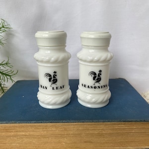 Set of 2 Hazel Atlas Spice Shakers Black Rooster Milk Glass- Bay Leaf & Seasoning