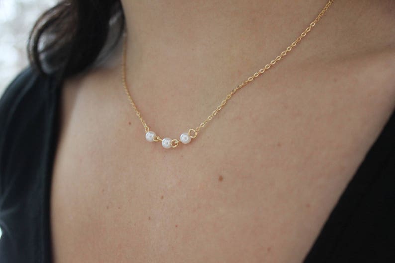 Gifts For Her Dainty Pearl Necklace Three Pearl Necklace Layered Necklace Gold Pearl Link Necklace Delicate Gold Necklace