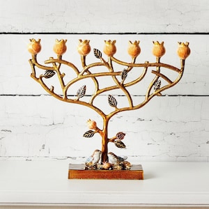 Menorah 7 Branch modern Judaica pomegranate tree life design Reminder of the Temple Menorah at Jerusalem Hand Enamel Home gift Idea