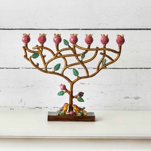 Menorah 7 Branch modern Judaica pomegranate tree life design Reminder of the Temple Menorah at Jerusalem Hand Enamel Home gift Idea