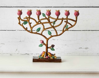 Menorah 7 Branch modern Judaica pomegranate tree life design Reminder of the Temple Menorah at Jerusalem Hand Enamel Home gift Idea