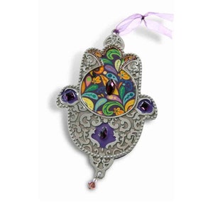 Hamsa wall decor - Handcrafted Wall Hanging Art Bohemian Style Hand of Miriam Also known as Hand of Fatima - For Home Blessing Silver
