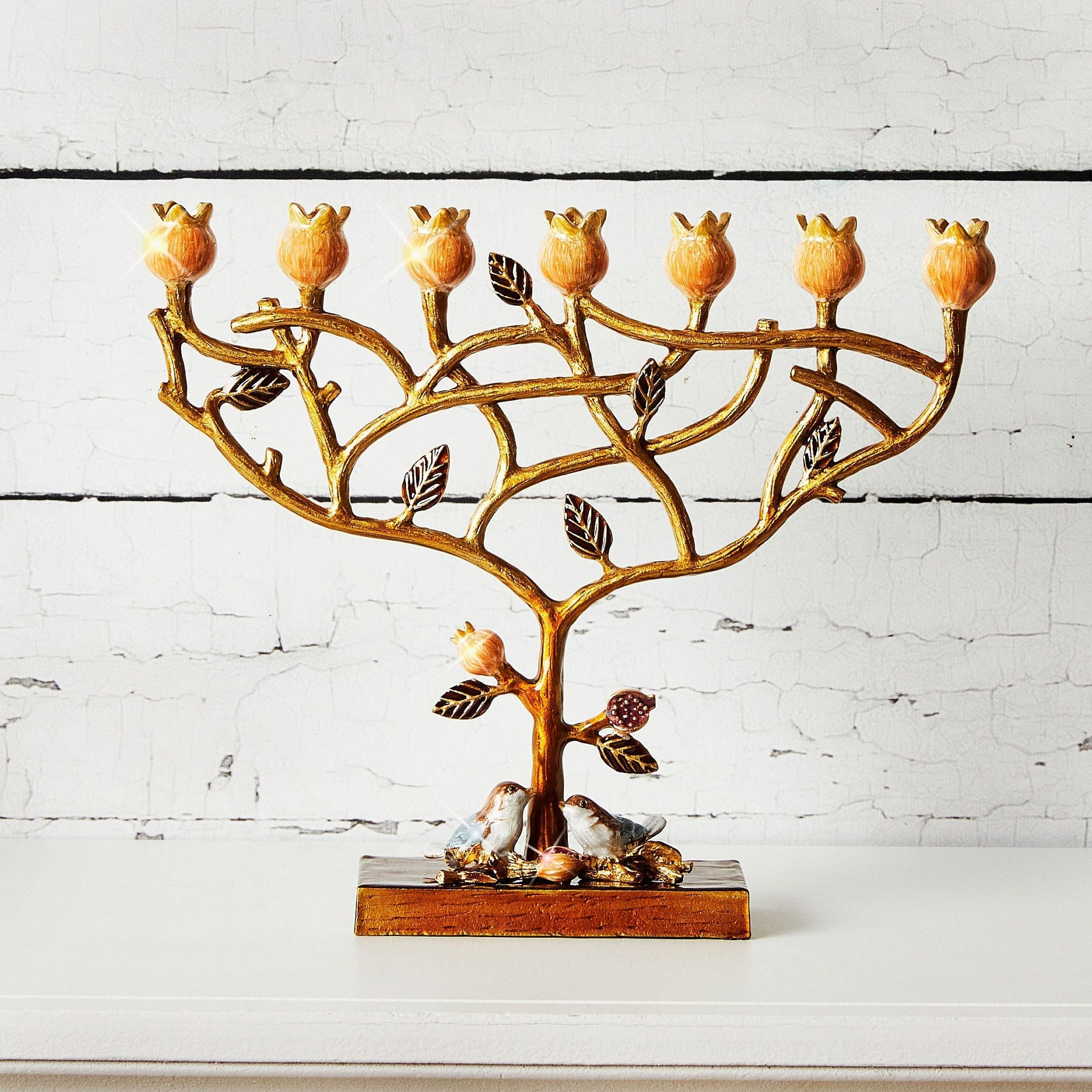 Menorah 7 Branch modern Judaica pomegranate tree life design Reminder of the Temple Menorah at Jerusalem Hand Enamel Home gift Idea