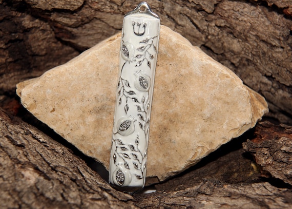 Mezuzah Case Bless This House With Mezuzah Cover Pomegranate Tree Design Crafted in Heavy Brass 4" | White Wedding