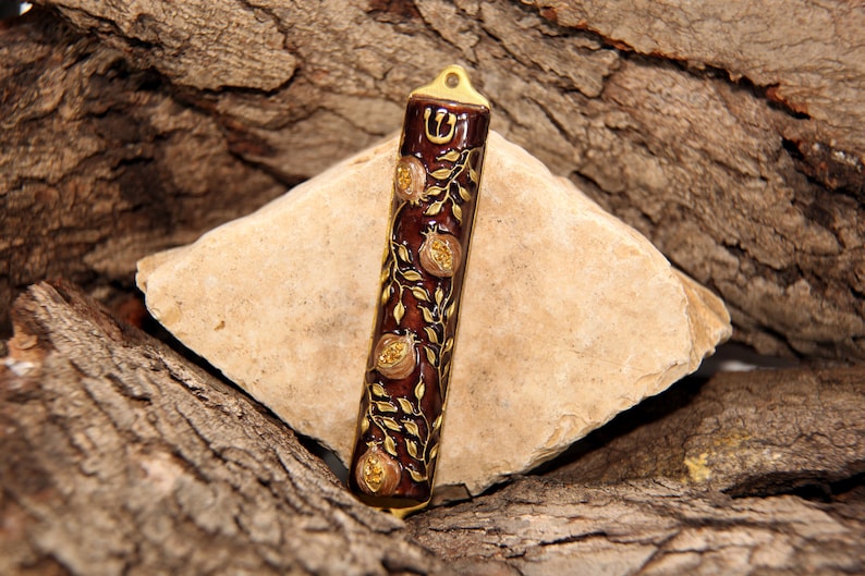 Mezuzah Case Bless This House With Pomegranate Tree Design Crafted in Heavy Brass Door Mezuza Case 4 Israel Judaica