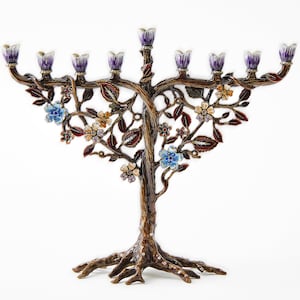 Hanukkah Menorah Jewish Candle Holder Flower On Vine, Hand Painted Embellished with Crystals Made From Metal 7.5&quot; High on 9&quot; Long Brown