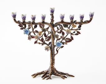 Hanukkah Menorah Jewish Candle Holder Flower On Vine, Hand Painted Embellished with Crystals Made From Metal 7.5&quot; High on 9&quot; Long Brown