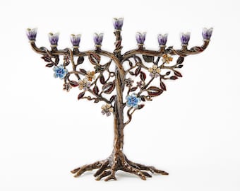 Hanukkah Menorah Jewish Candle Holder Flower On Vine, Hand Painted Embellished with Crystals Made From Metal 7.5" High on 9" Long Brown