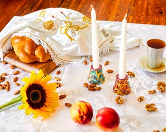 Abstract Shabbat Candlestick Set, Double Sided Tea Light & Taper Holder