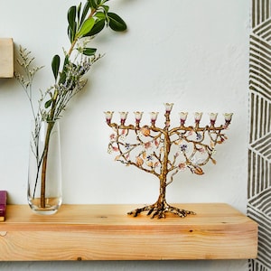 Menorah Tree of Life Hanukkah lighting Jewish home gift Hanukkiah for chanukah 9 Branches - White dove on a tree