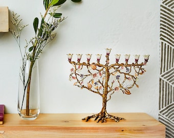 Menorah Tree of Life Hanukkah lighting Jewish home gift Hanukkiah for chanukah 9 Branches - White dove on a tree