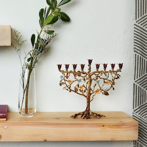 Menorah Tree of Life Hanukkah lighting Jewish home gift Hanukkiah for chanukah 9 Branches - White dove on a tree