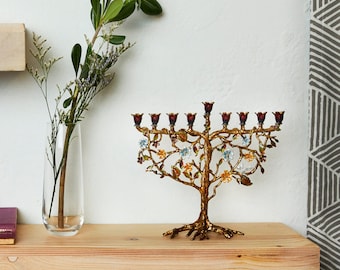 Menorah Tree of Life Hanukkah lighting Jewish home gift Hanukkiah for chanukah 9 Branches - White dove on a tree